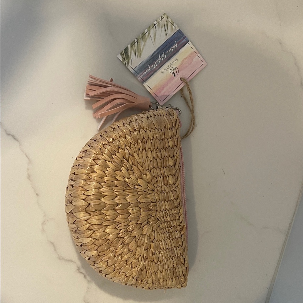Sea and Grass Straw Clutch with Pink Tassel